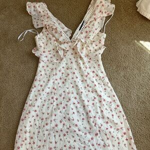 Lulu's White Floral Ruffle Midi Dress with Pink Rose Print